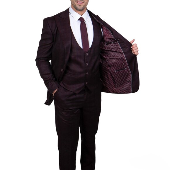 Burgundy Glen Check 3 Piece Stacy Adams Men's Suit - Picture 1 of 4